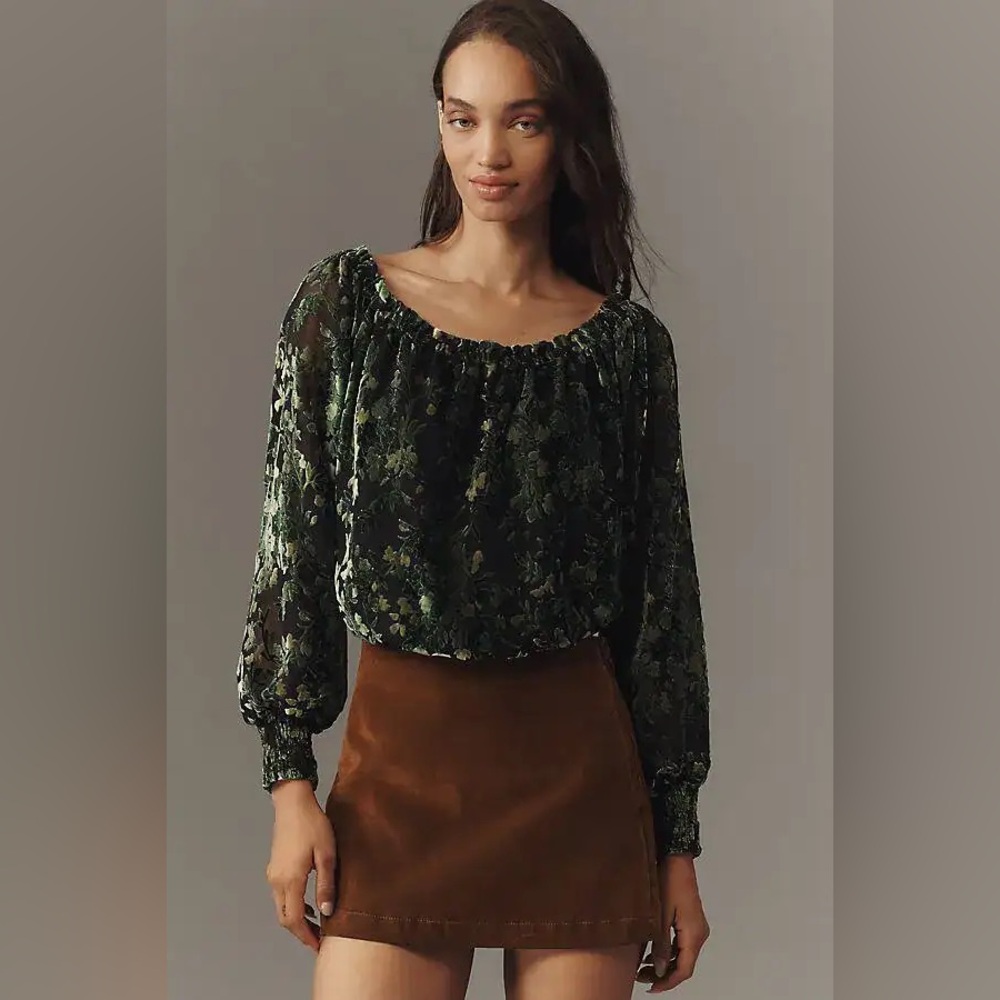 BY ANTHROPOLOGIE Off-Shoulder Burnout Velvet Blouse Green Floral SMALL